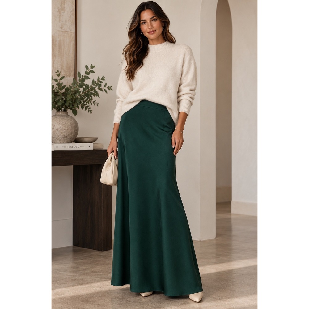 J.Crew Maxi Skirt Dark Green Satin Gwyneth Slip Skirt Elegant Minimalist